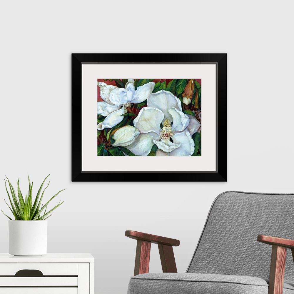 A modern room featuring Colorful contemporary painting of white magnolias.