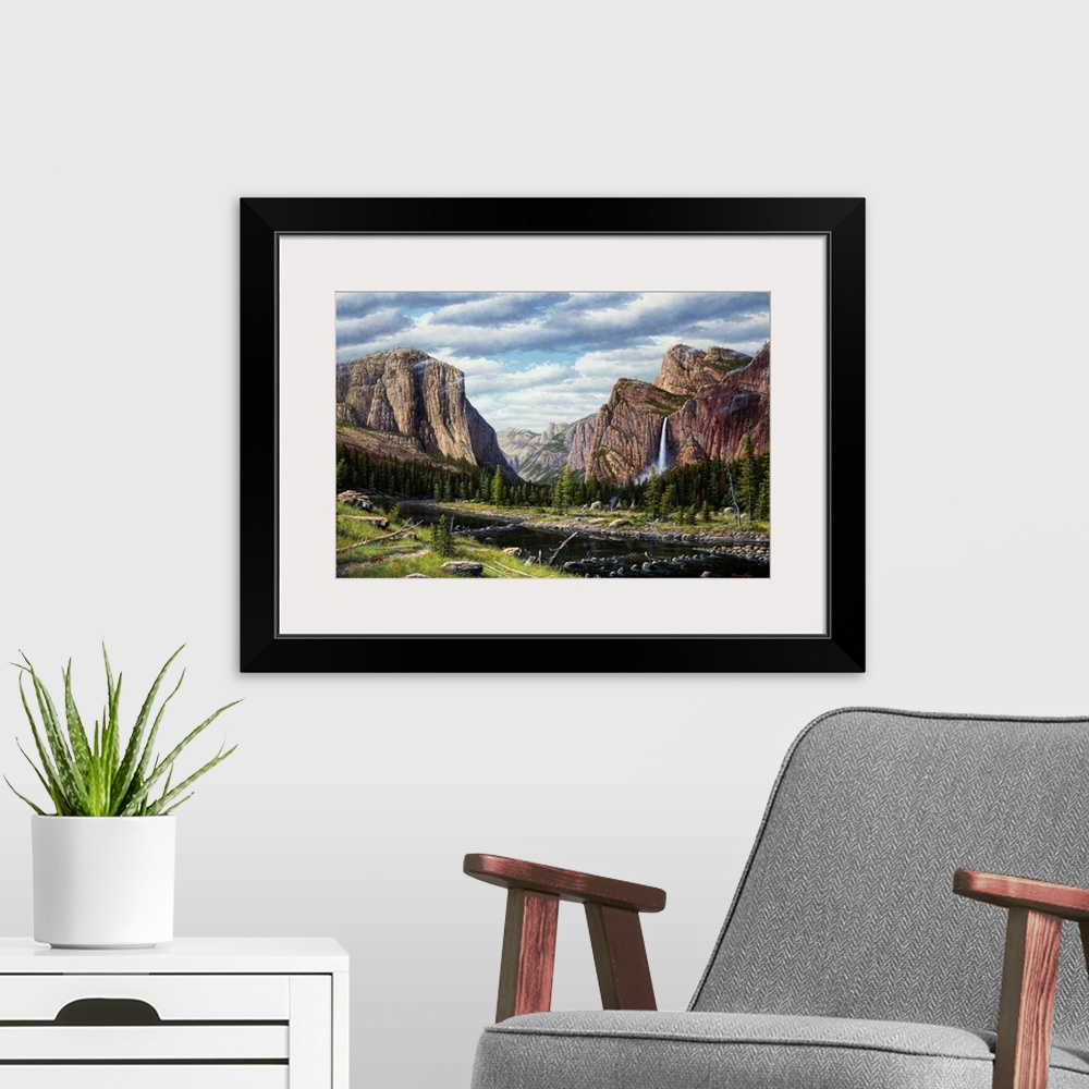 A modern room featuring A view of Bridal Veil falls in Yosemite.