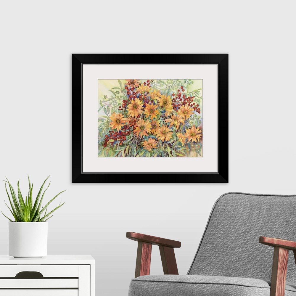 A modern room featuring Colorful contemporary painting of autumn flowers.