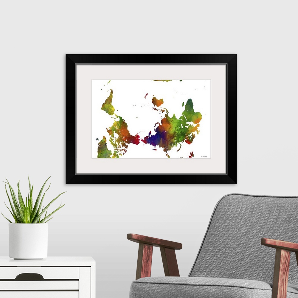 A modern room featuring Contemporary colorful watercolor world map.