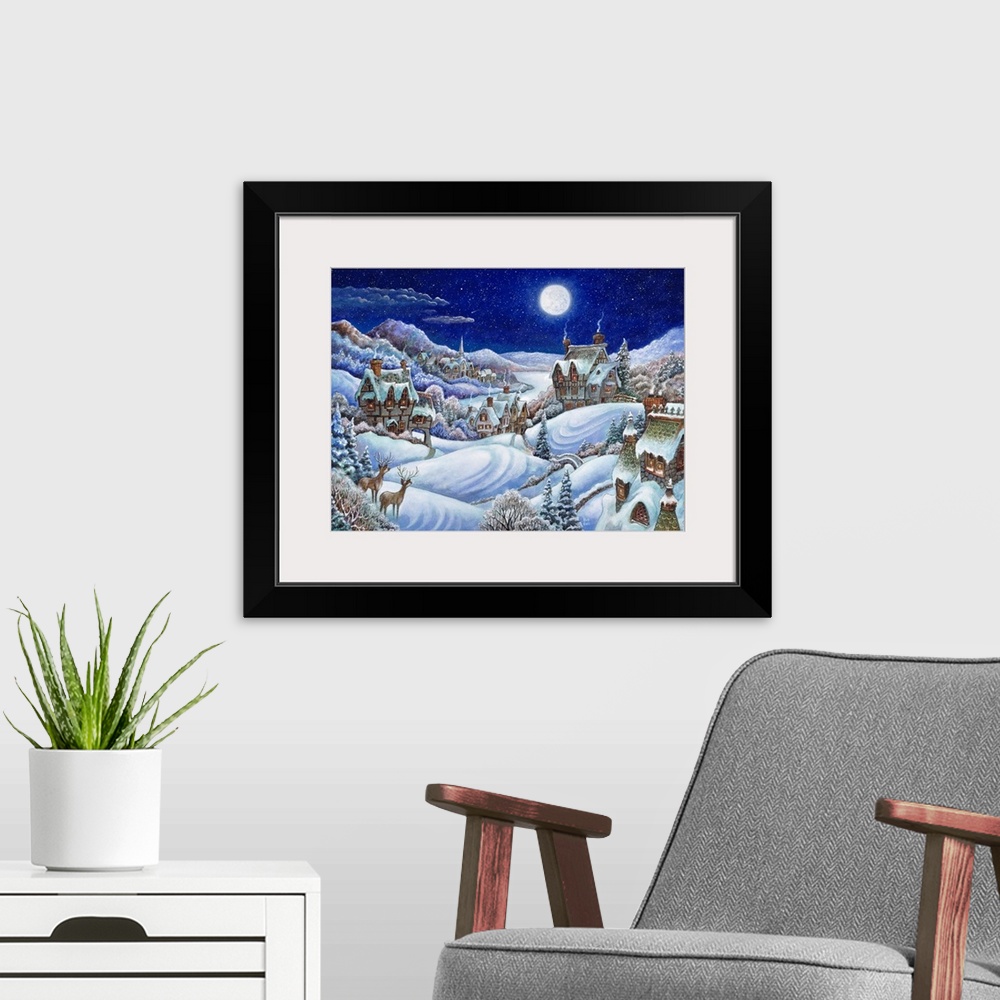 A modern room featuring A winter village with a full moon and two deer standing in the meadow.