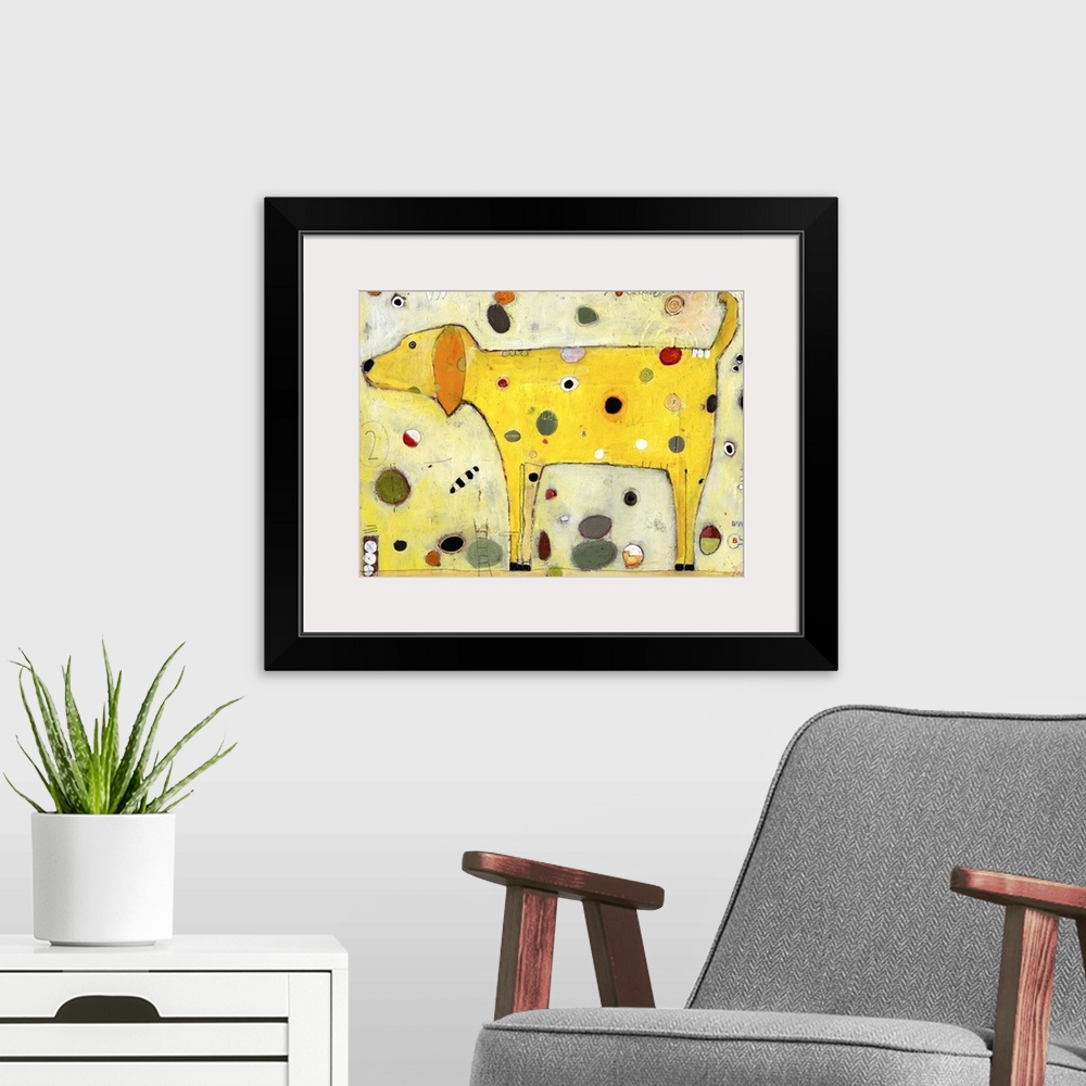 A modern room featuring Lighthearted contemporary painting of yellow dog with spots.