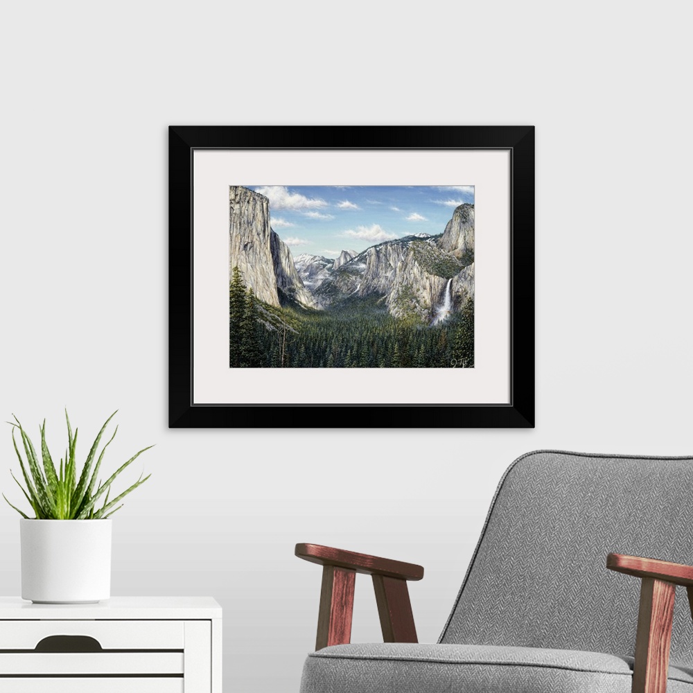 A modern room featuring Yosemite Valley- mountains and valley filled with pine trees, a waterfall is coming off the rock ...