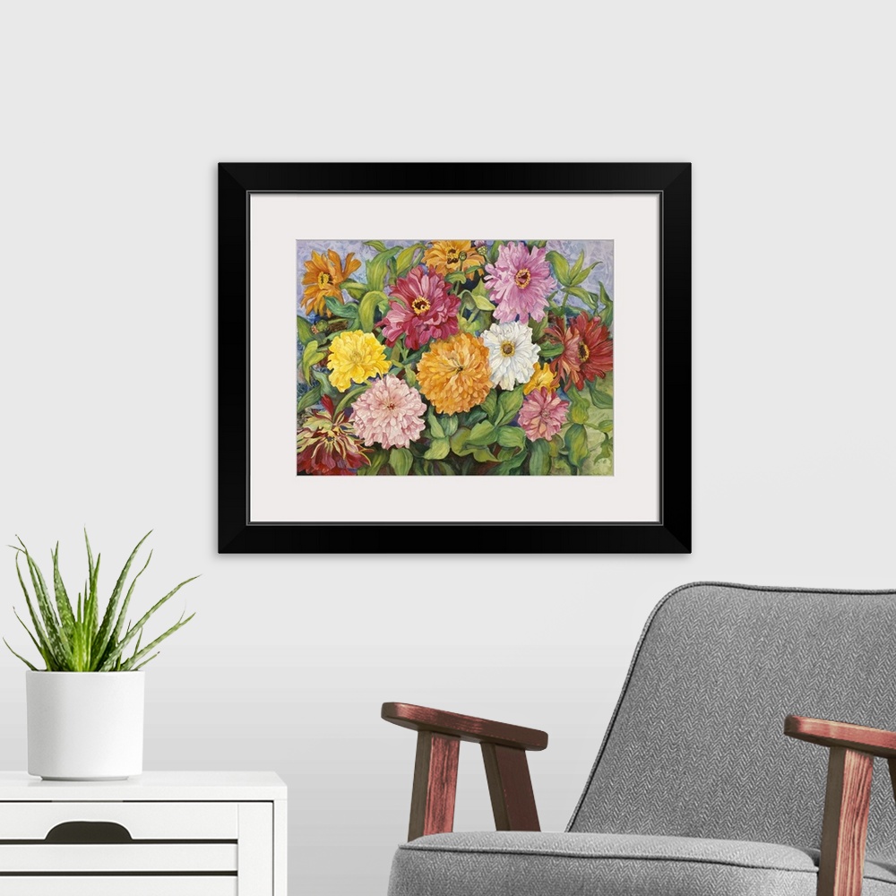 A modern room featuring Colorful contemporary painting of multi-colored zinnias.