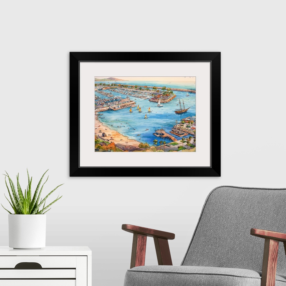 A modern room featuring Watercolor painting of the aerial view of The Dana Point Harbor