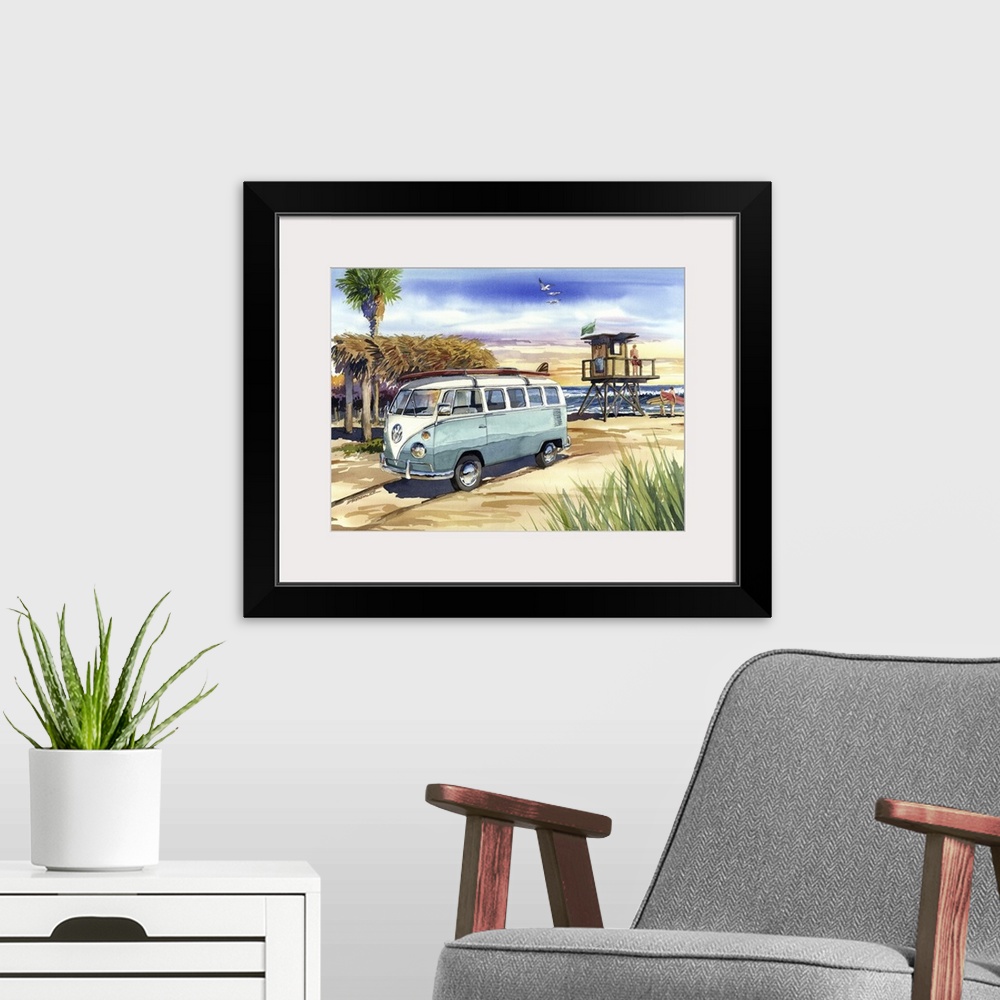 A modern room featuring Watercolor of a classic 1967 VW Bus pulled up on the sand at the famous surfing beach, Old Mans, ...