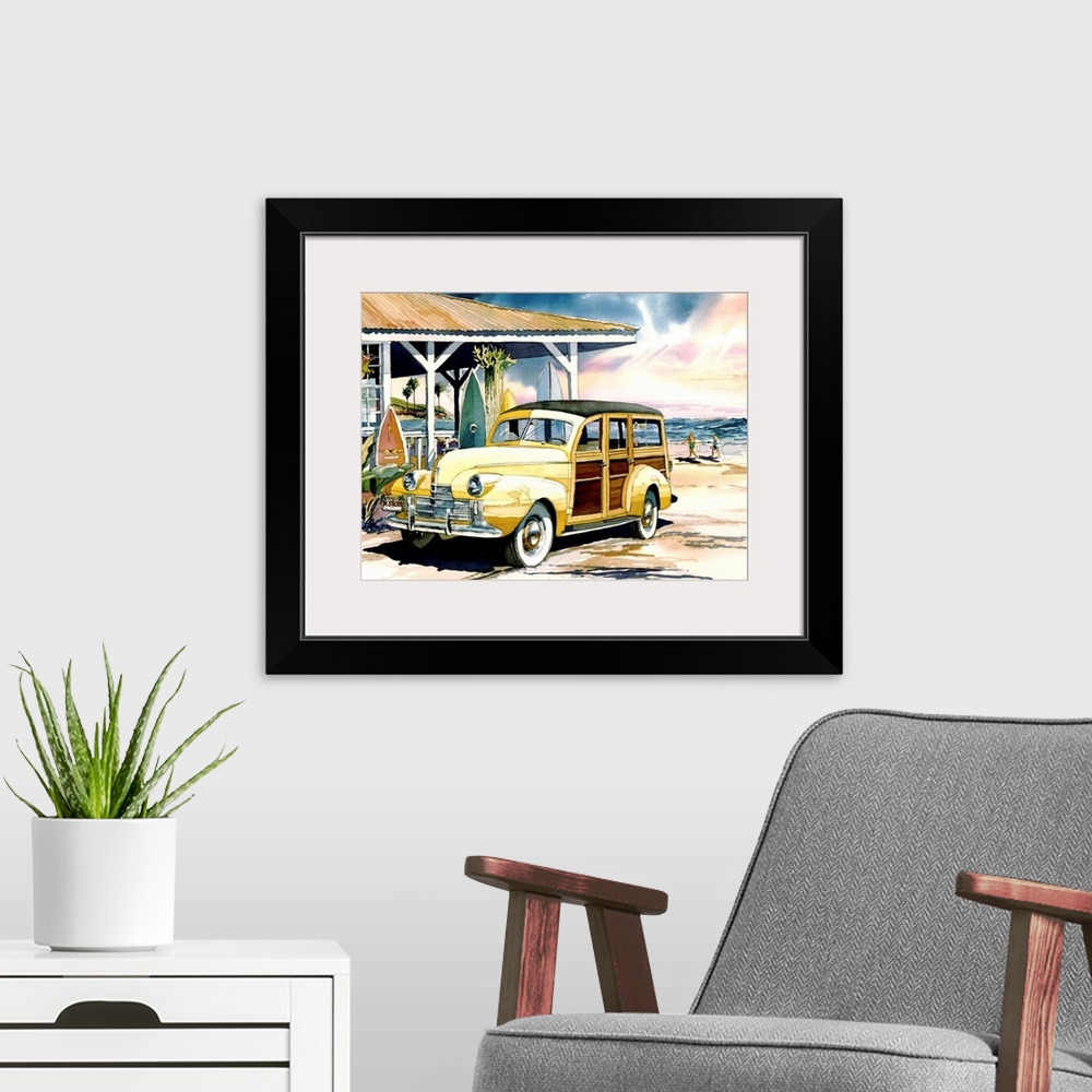 A modern room featuring Watercolor of a classic 1940 Oldsmobile woodie surfer wagon on the beach at the North Shore of Oa...