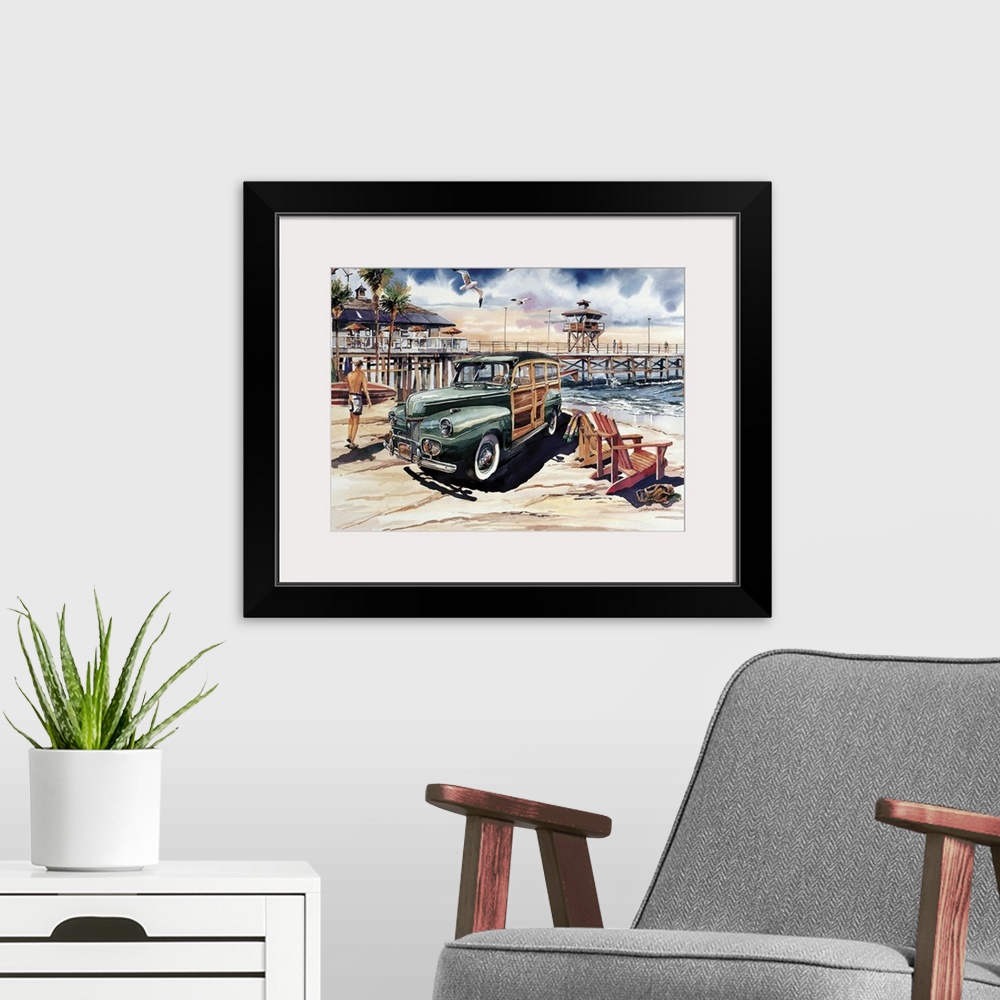 A modern room featuring Watercolor of a 1941 Ford Woodie at the San Clemente pier.