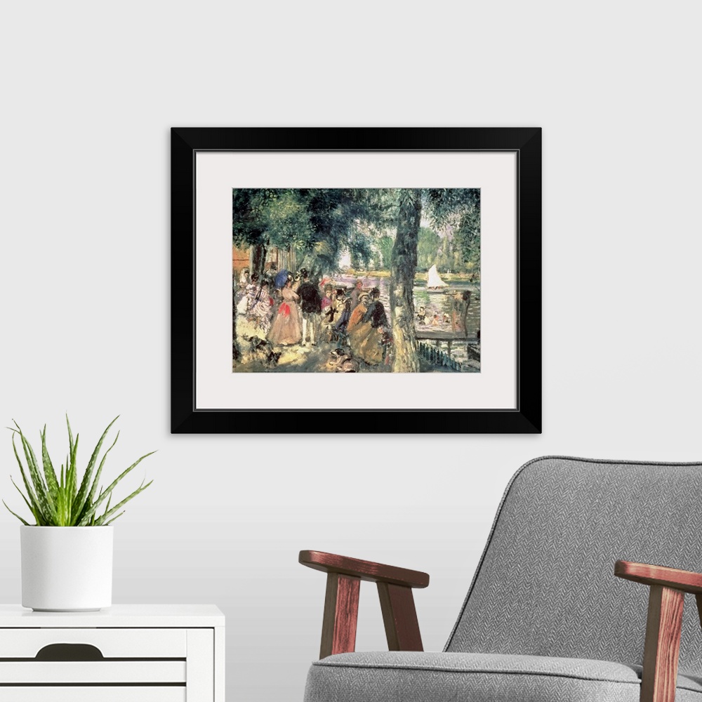A modern room featuring Classical oil painting on canvas of people standing and bathing in a river.