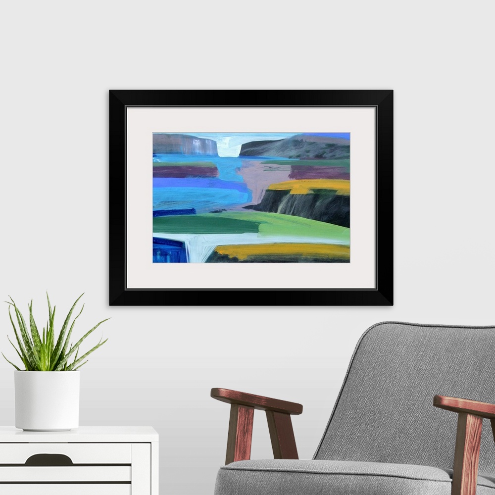 A modern room featuring Abstract painting of land plateaus and rocky cliffs surrounded by ocean and land shown through si...
