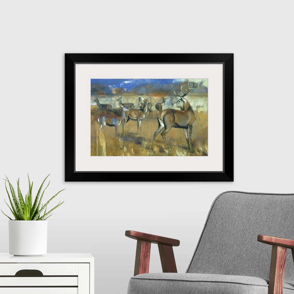 A modern room featuring Gathering Deer, 1998 (Originally mixed media and collage on paper)