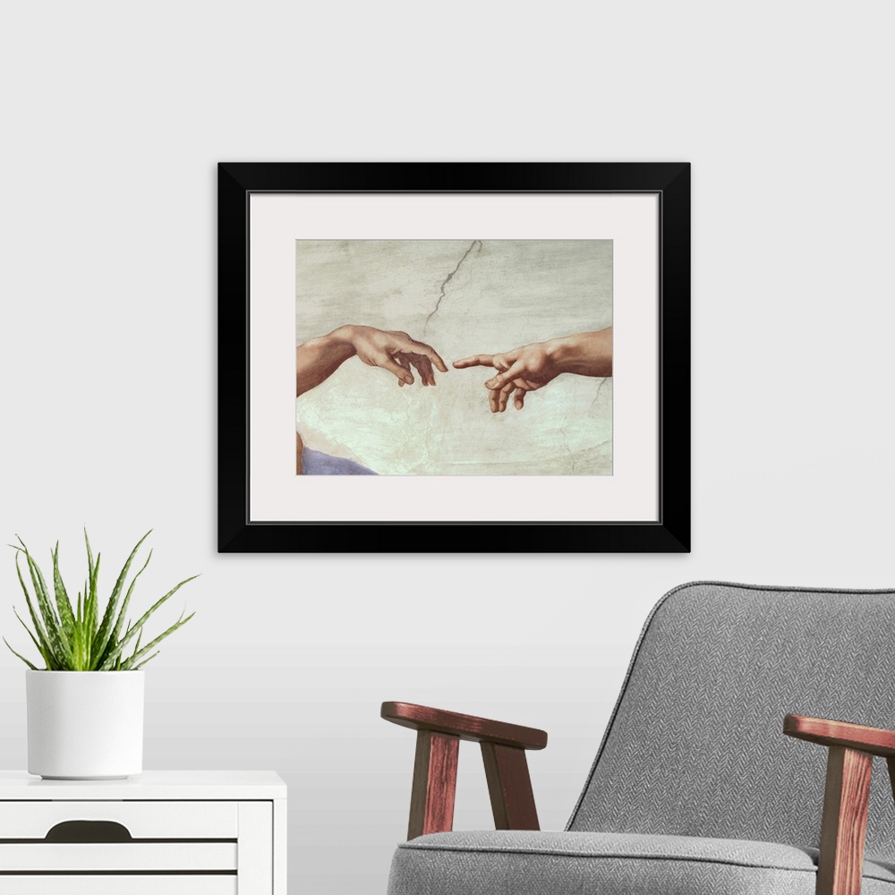 A modern room featuring Classic painting of an outstretched arm reaching to touch a lifeless hand with its finger tip wit...