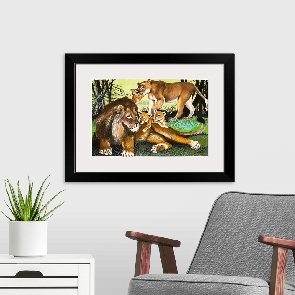 A modern room featuring Lion, lioness and cubs. Original artwork.