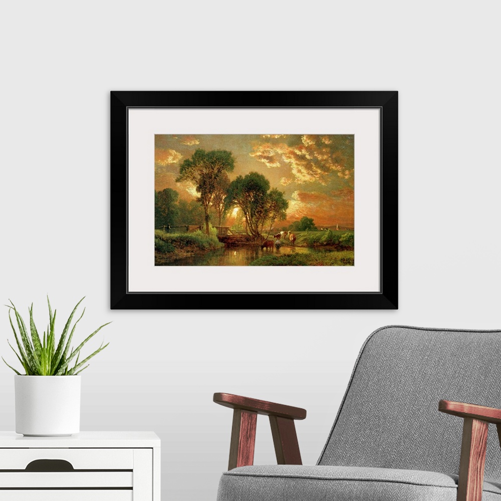 A modern room featuring Landscape, classic art painting of cows drinking from a river at sunset, surrounded by trees, ben...
