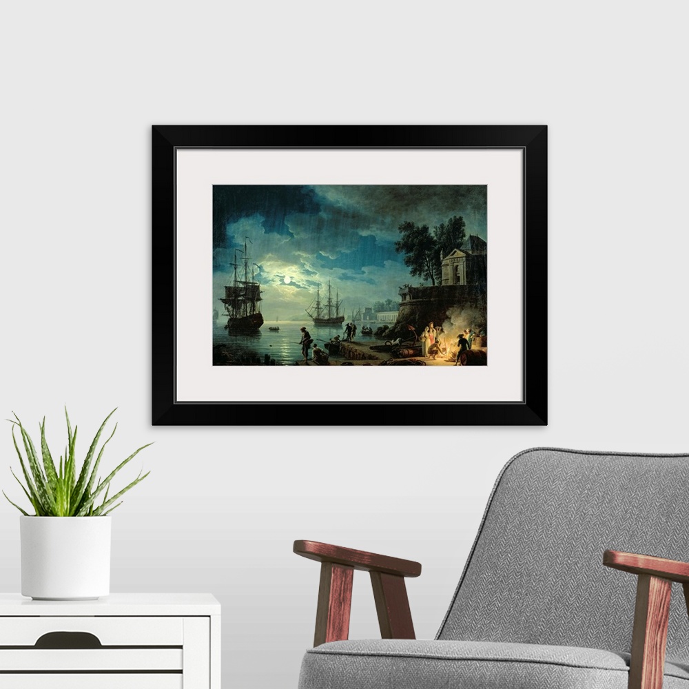 A modern room featuring Oil painting of ships coming into a port at night with the ocean illuminated in moon light and pe...