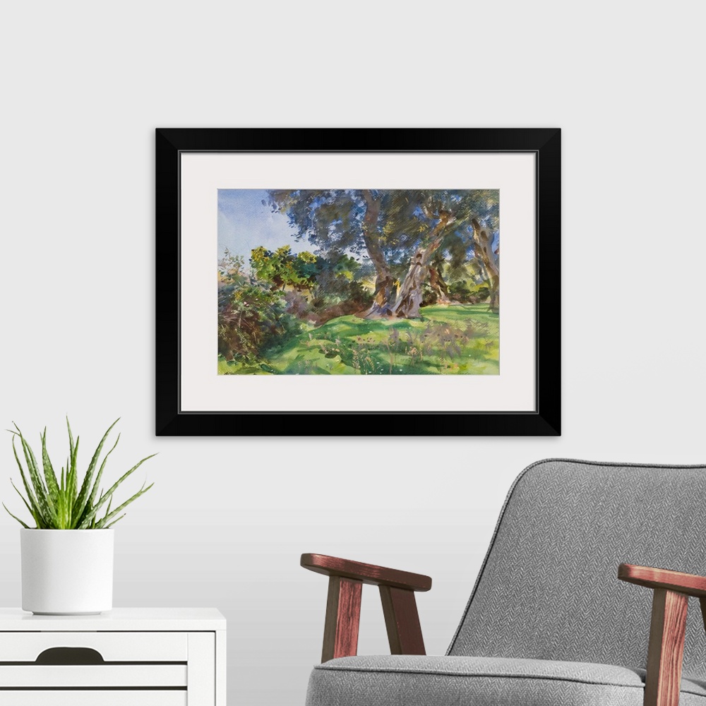 A modern room featuring Olive Trees, Corfu, watercolor and opaque watercolor with scraping and wax resist over graphite o...
