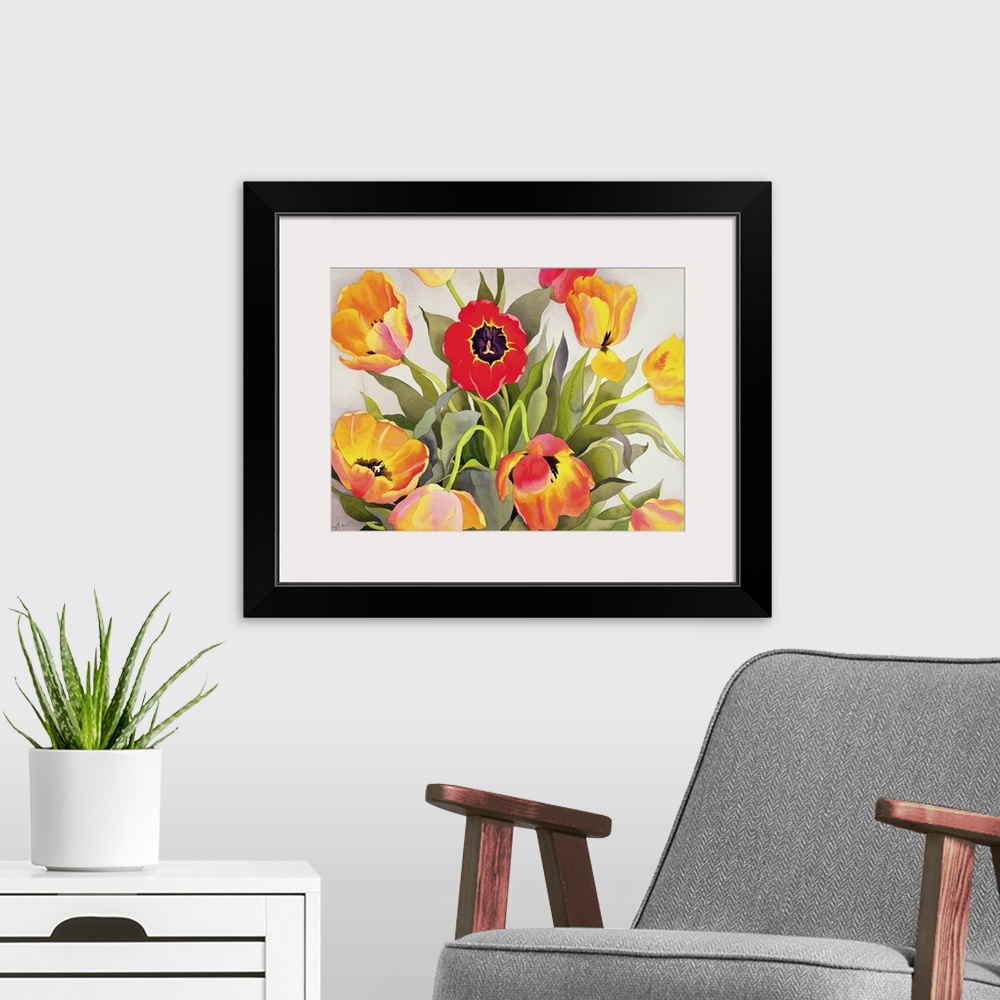 A modern room featuring Orange and Red Tulips