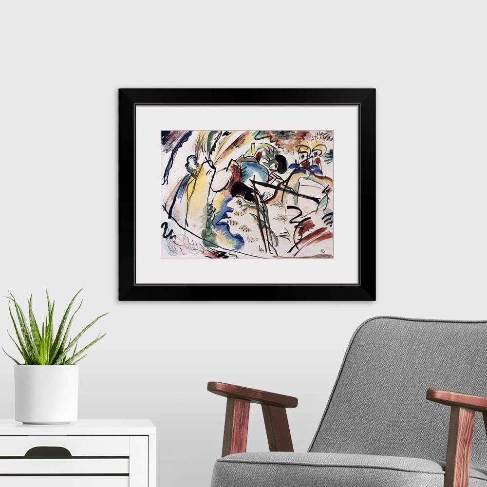 A modern room featuring A lively abstract modern art painting with lots of movement and bright colors