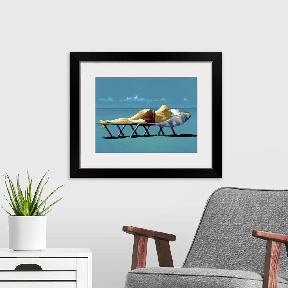 A modern room featuring Contemporary oil painting of a woman sunbathing on a lounge chair by the water's edge.