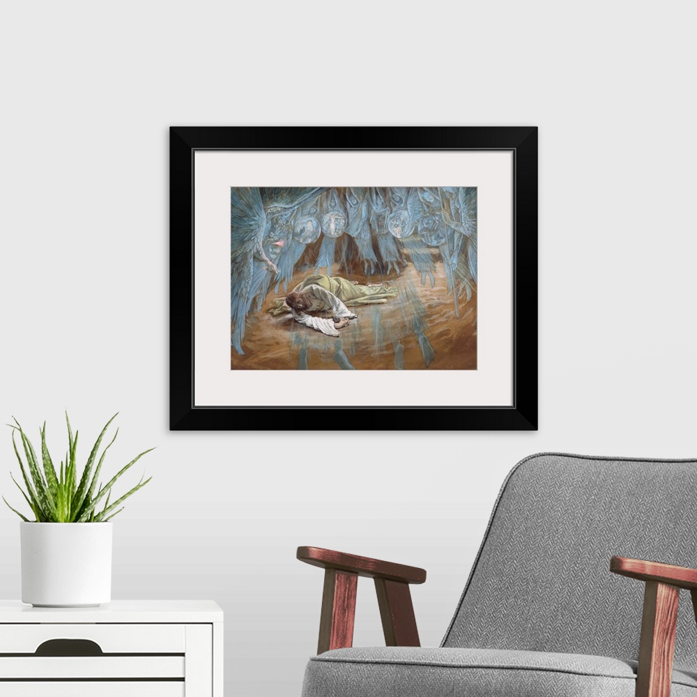 A modern room featuring Jesus struggling between human side fearing imminent suffering and divine giving him strength;