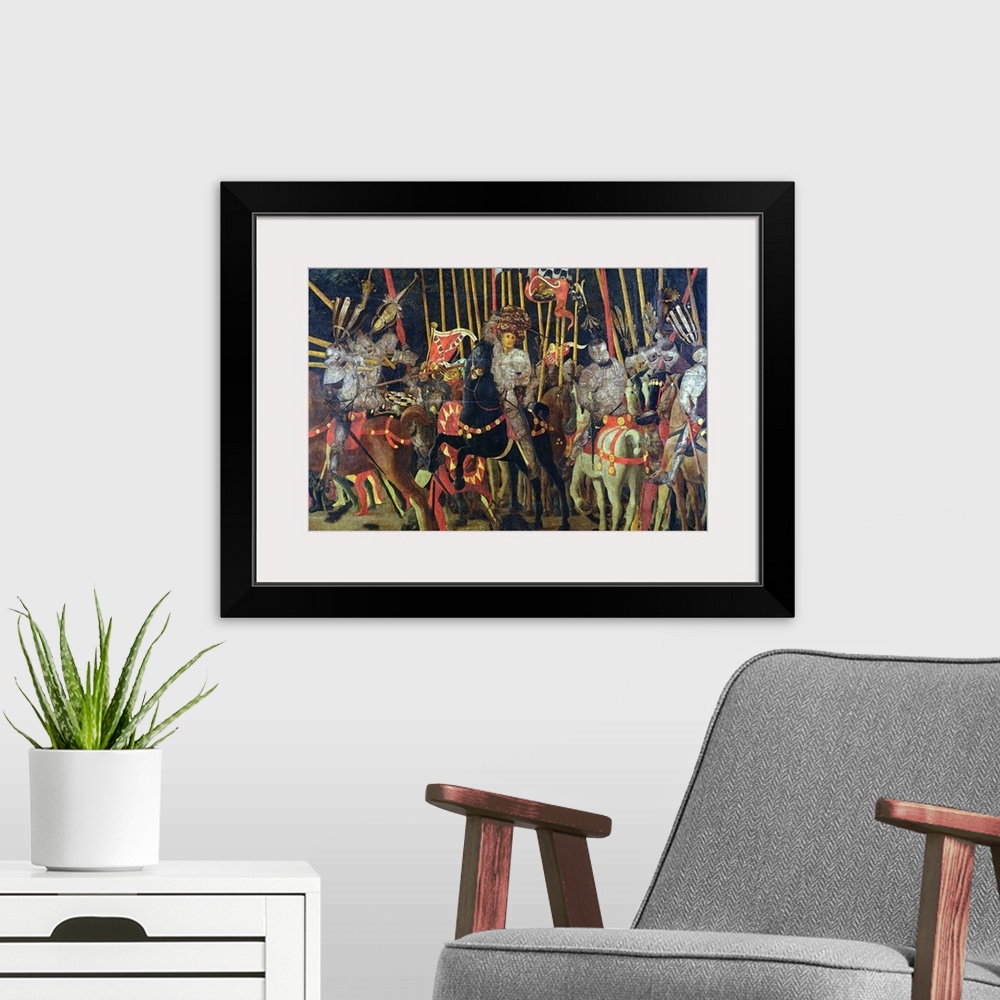 A modern room featuring XIR50485 The Battle of San Romano in 1432, c.1456 (oil on panel)  by Uccello, Paolo (1397-1475); ...