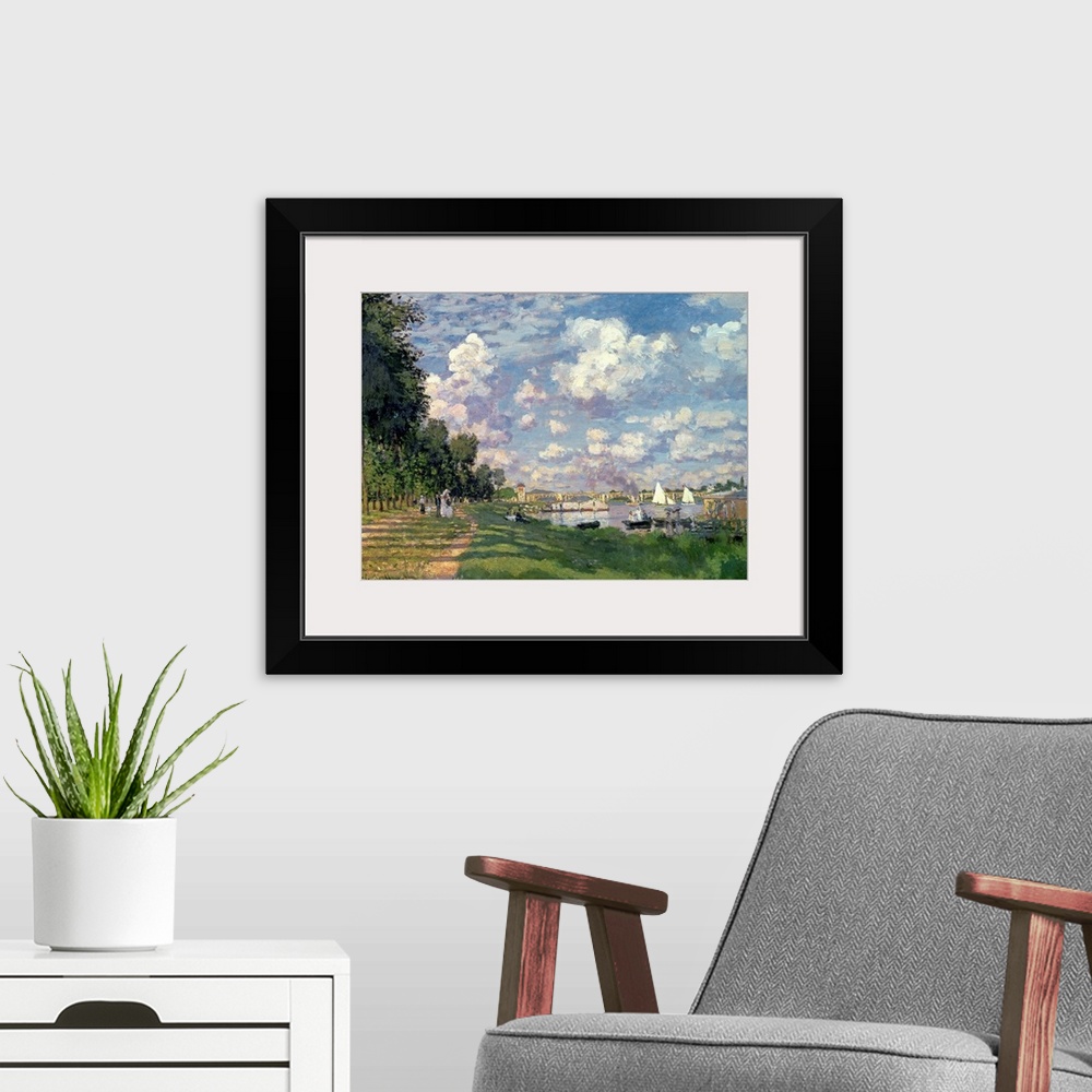 A modern room featuring This wall art is a landscape painting of a river scene by an Impressionist master showing a road ...