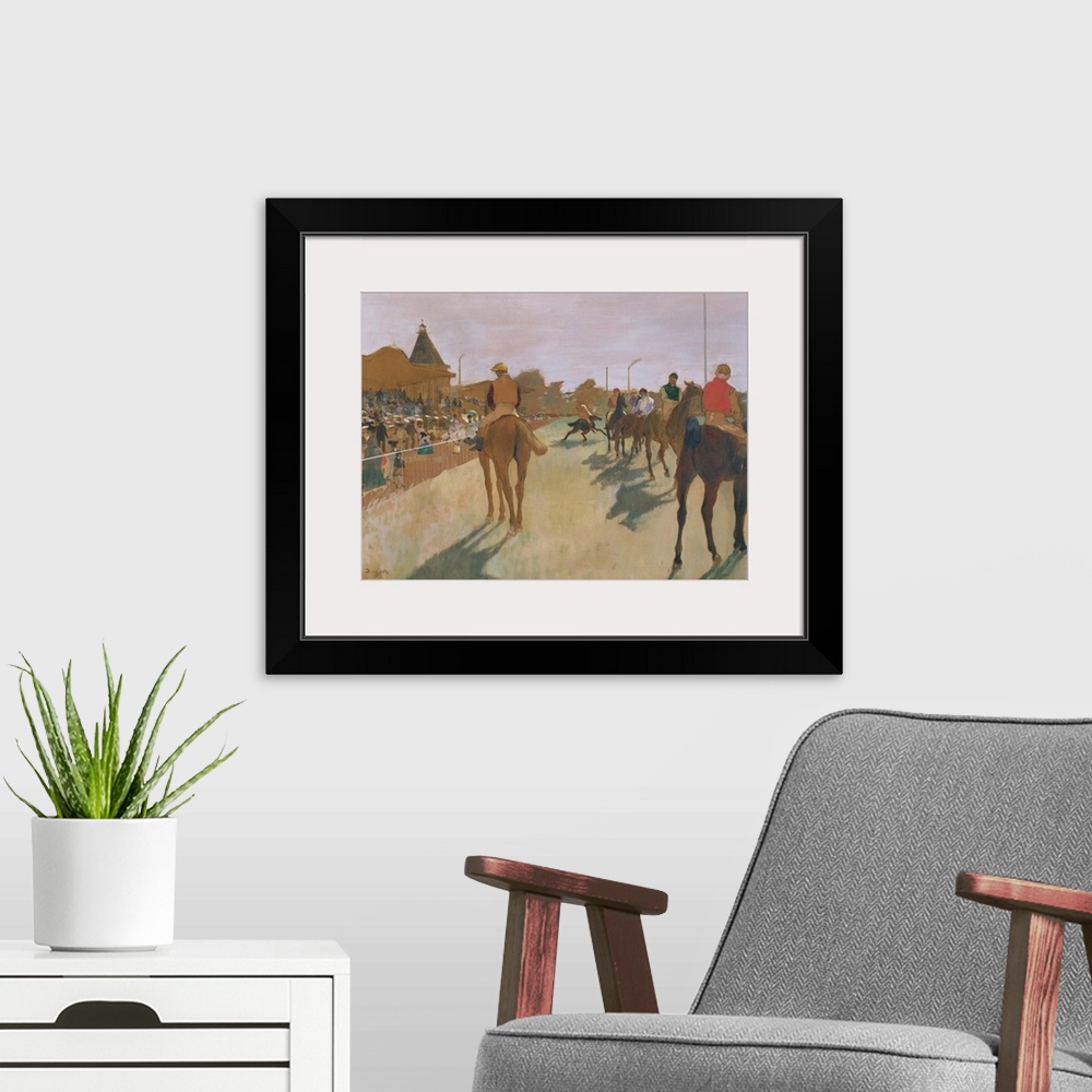 A modern room featuring XIR16127 The Parade, or Race Horses in front of the Stands, c.1866-68 (oil on paper); by Degas, E...