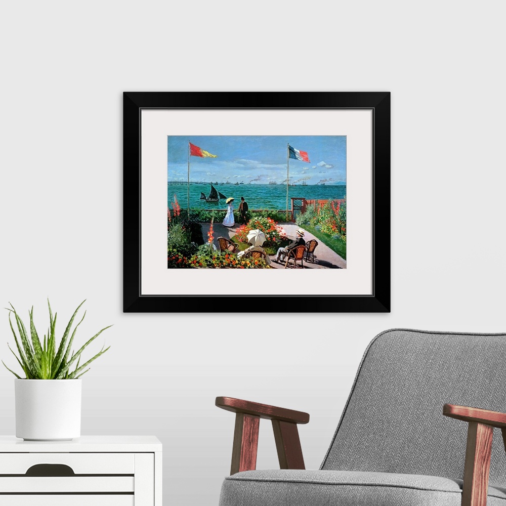 A modern room featuring This Impressionist painting shows a man and woman speaking together in a garden where behind them...