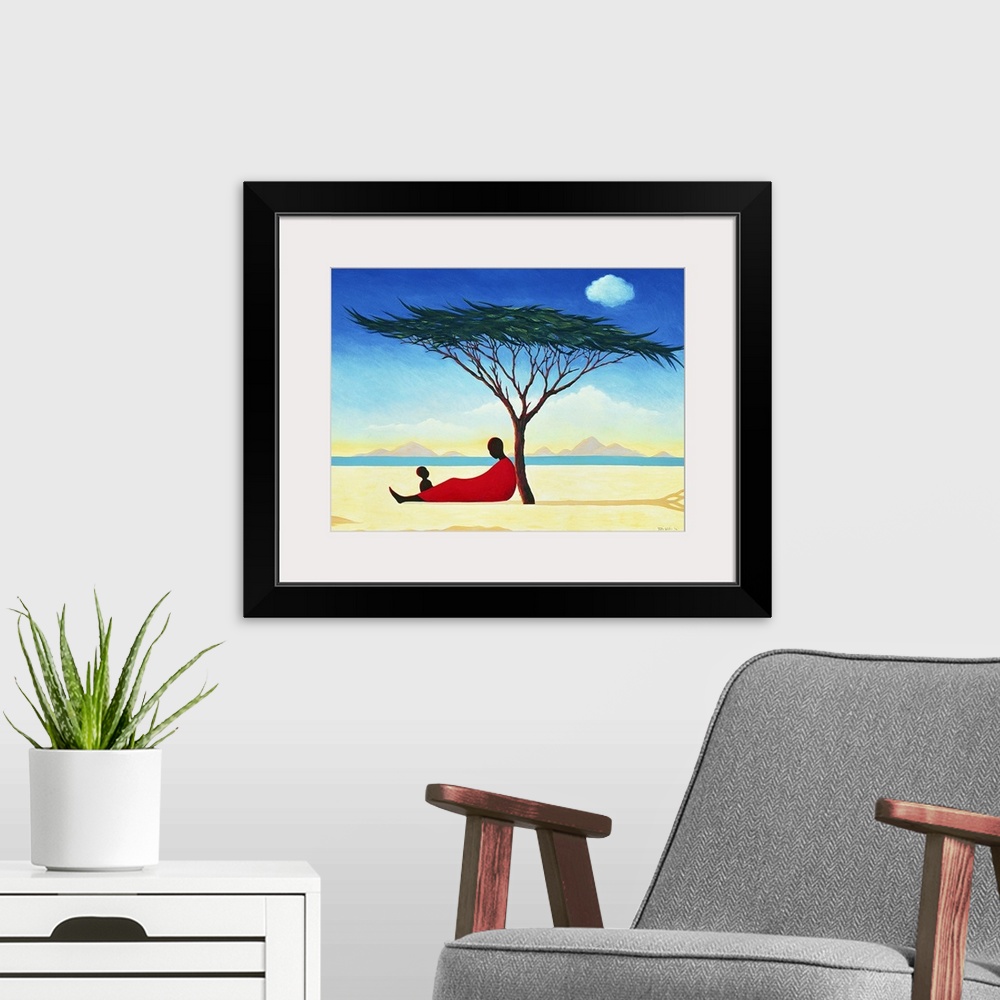 A modern room featuring A contemporary art piece of a woman sitting under a tree with her child as water and mountains ca...