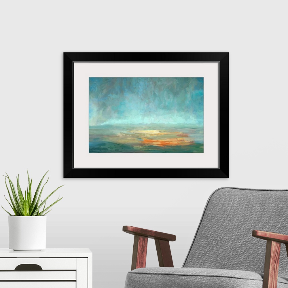 A modern room featuring This contemporary artwork features a horizontal landscape with pools of warm orange color popping...