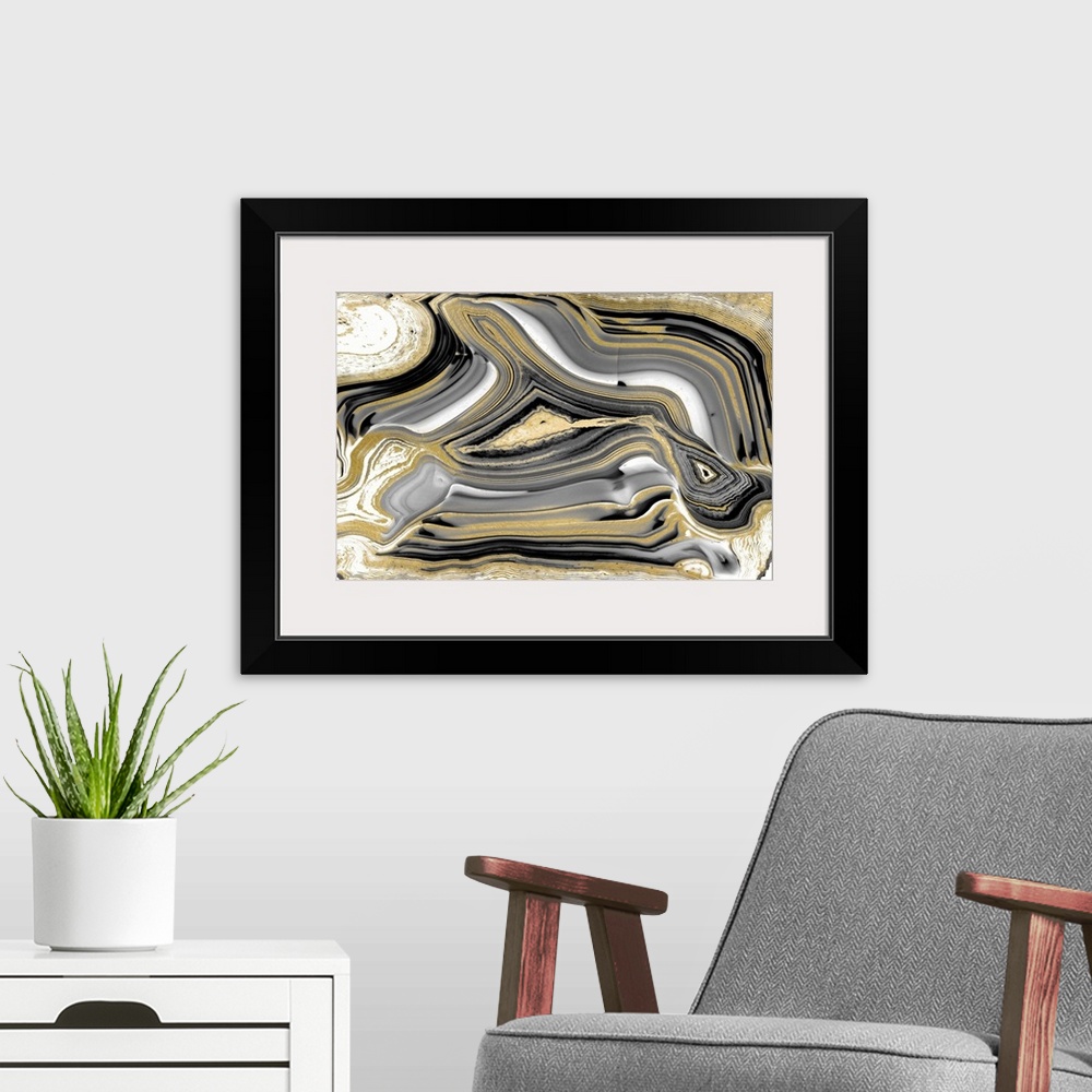 A modern room featuring Decor with a gold, white, black, and gray agate pattern.