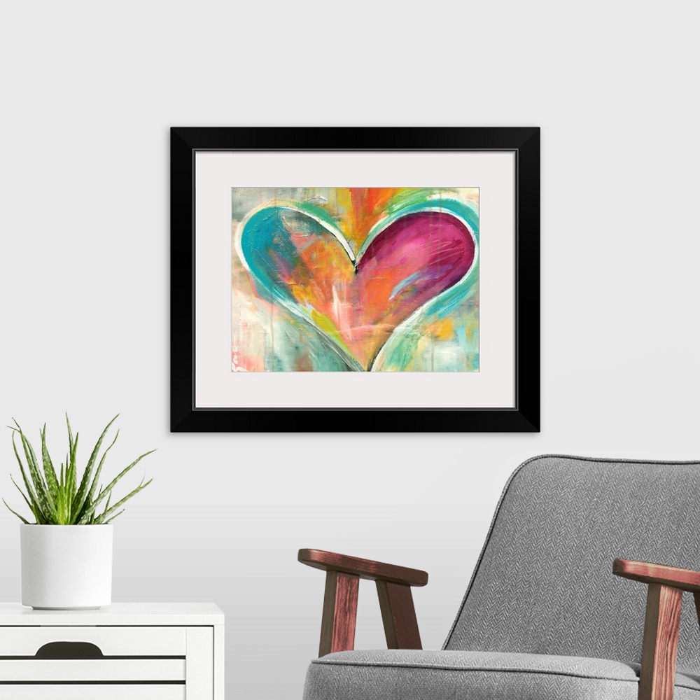 A modern room featuring Full of warmth and emotion, this heart artwork is shaped by varying brush strokes bright purples ...
