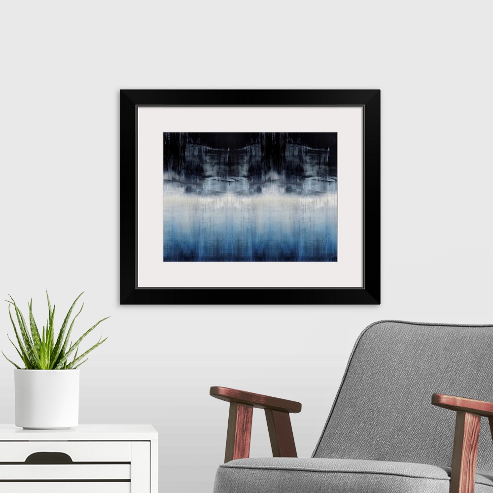 A modern room featuring Contemporary abstract artwork of vertical striations in blue, black and off-white.