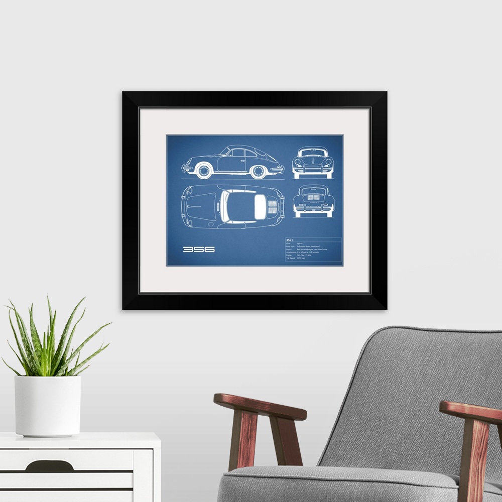 A modern room featuring Antique style blueprint diagram of a Porsche 356C printed on a Blue background