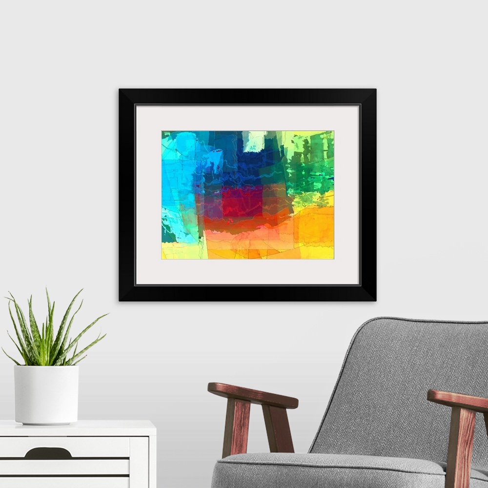 A modern room featuring Vibrant abstract art with translucent hues layered on top of each other in different free formed ...