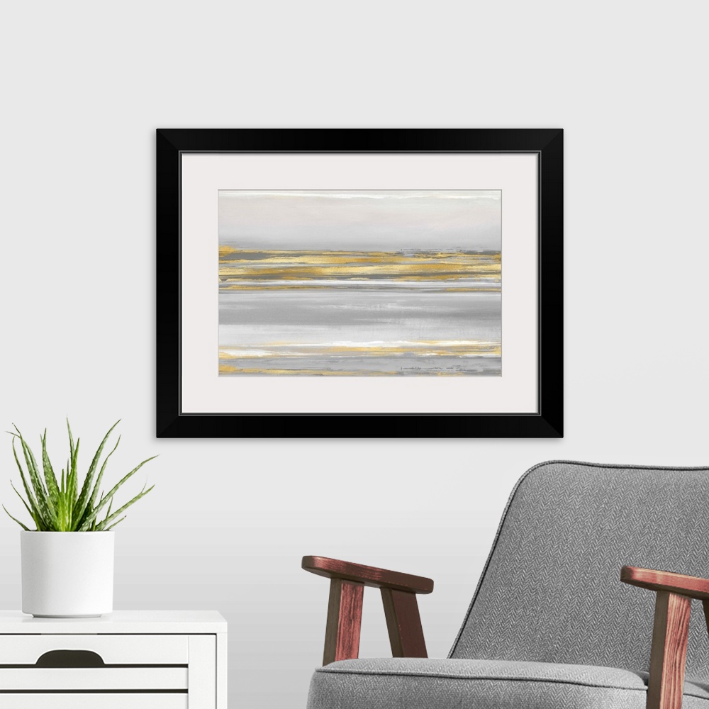 A modern room featuring Contemporary artwork featuring gold brush strokes on a soft gray background.