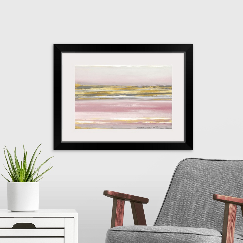 A modern room featuring Contemporary artwork featuring gold brush strokes on a soft pink background.