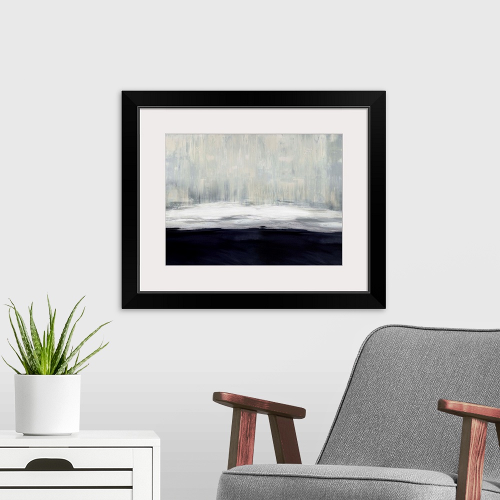 A modern room featuring Large abstract painting in gray, white, and navy blue hues.