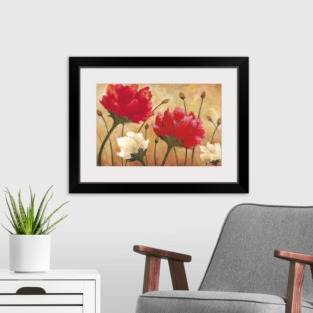 A modern room featuring A horizontal contemporary painting of white and red flowers against a warm neutral background.