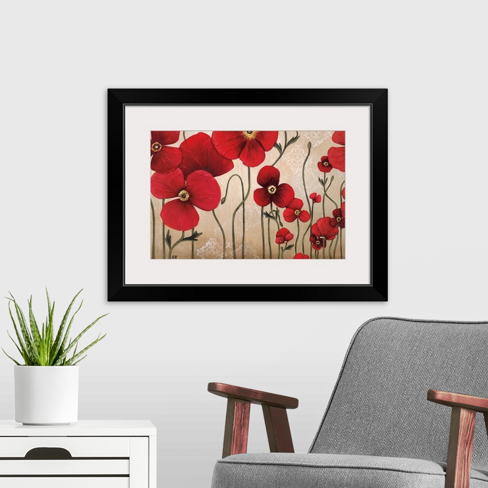 A modern room featuring Contemporary painting of a group of red flowers with textured petals against a neutral backdrop w...