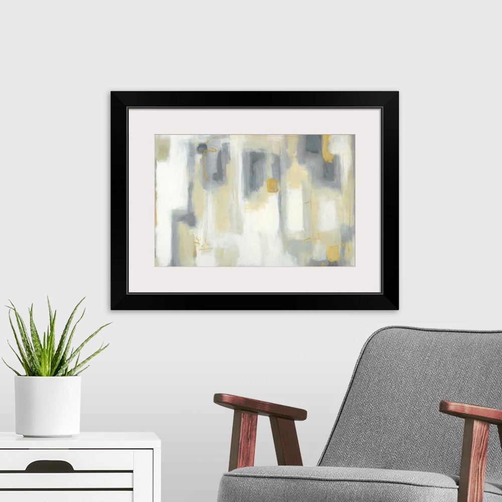 A modern room featuring Abstract painting of soft vertical rectangles in shades of yellow, gray and white.