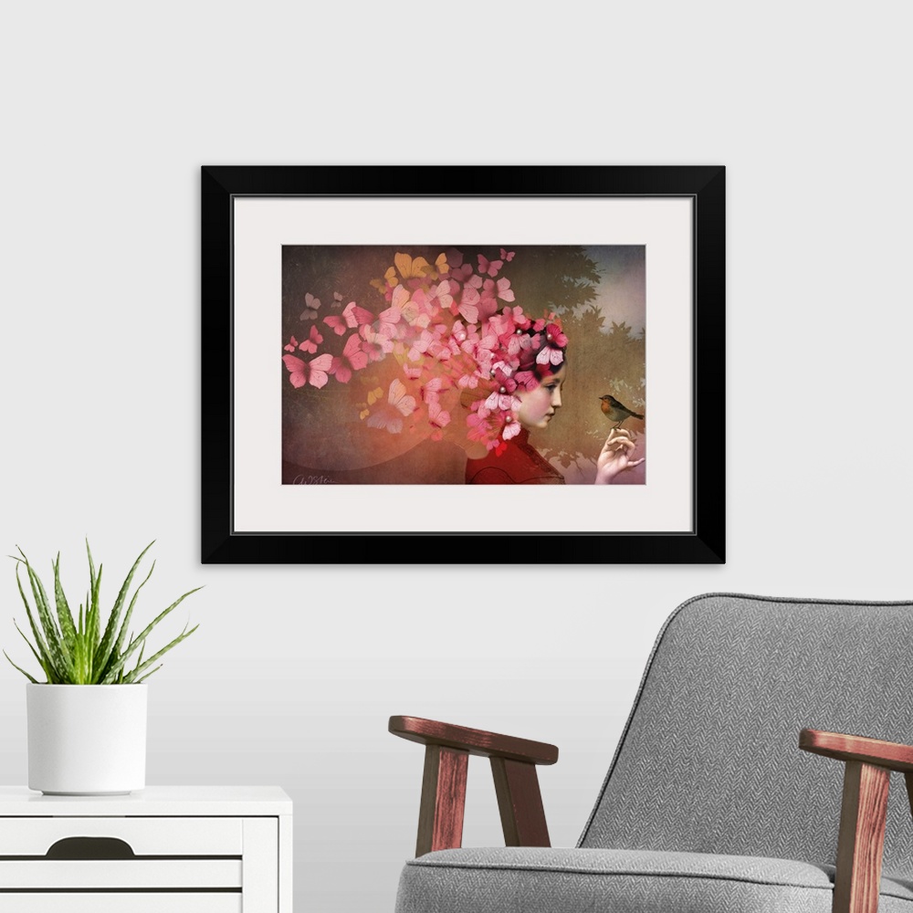 A modern room featuring A horizontal image of a lady with a bird.  A group of red and pink butterflies are fluttering fro...