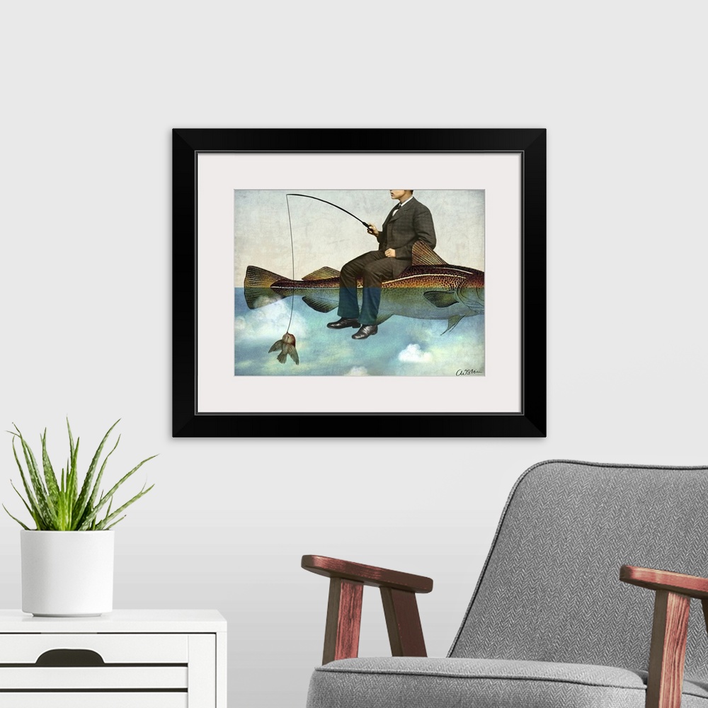 A modern room featuring A digital composite of a man sitting on a large fish while fishing for a small bird.