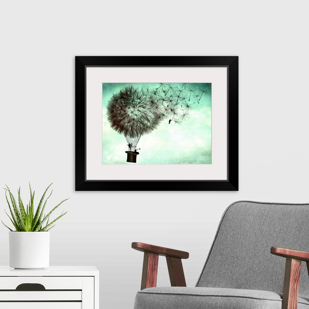 A modern room featuring An abstract illustration of large dandelions as hot air balloons.