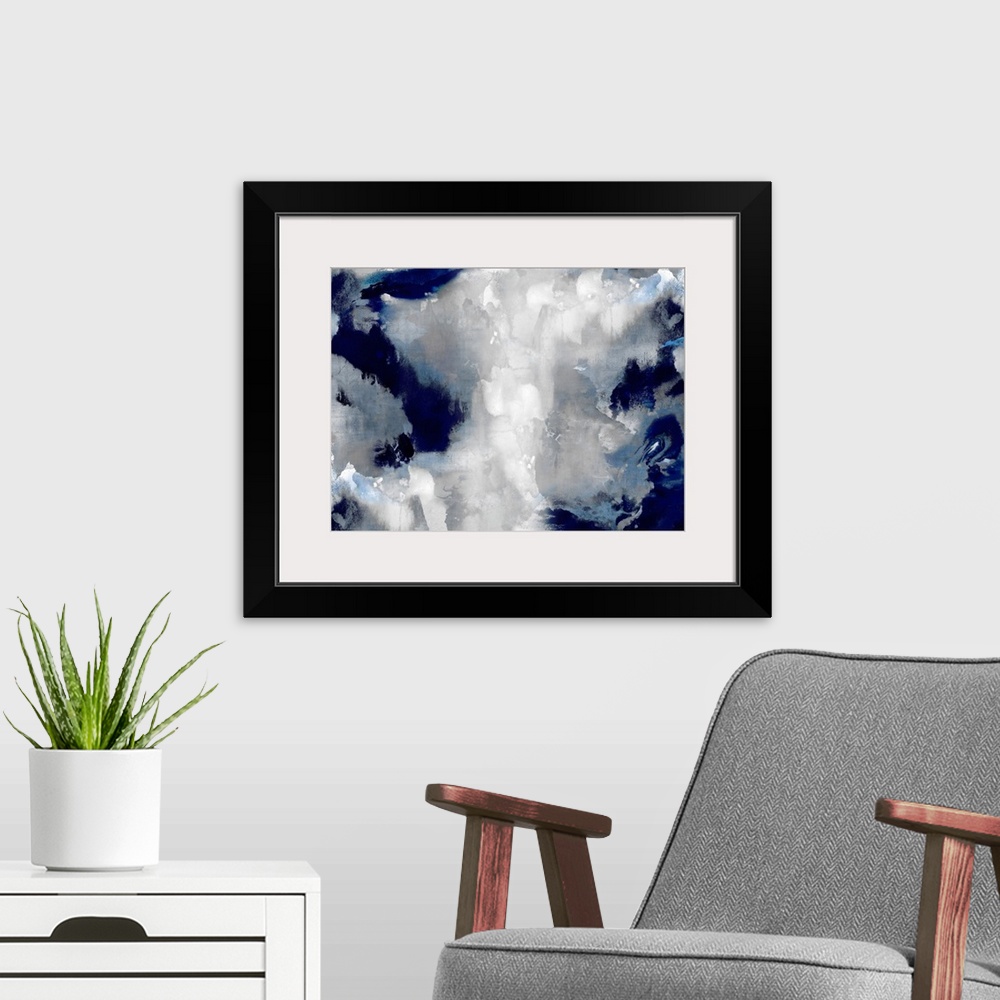 A modern room featuring A large, horizontal abstract painting in shades of indigo and white. This statement piece of art ...