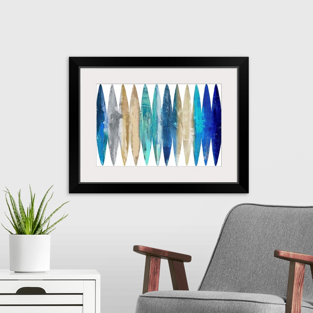 A modern room featuring Abstract Surfboards Blue Tan