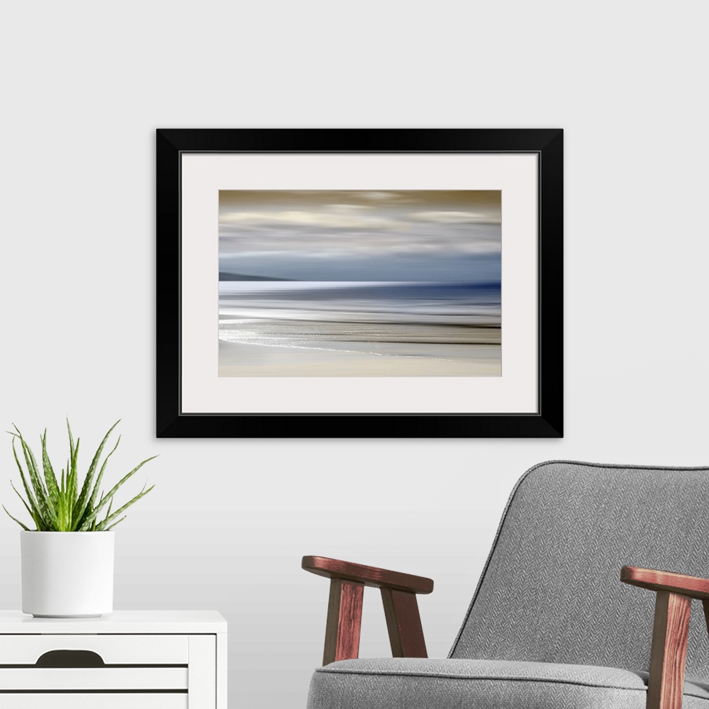 A modern room featuring Defocused sunset sky and ocean nature background with blurred panning motion.