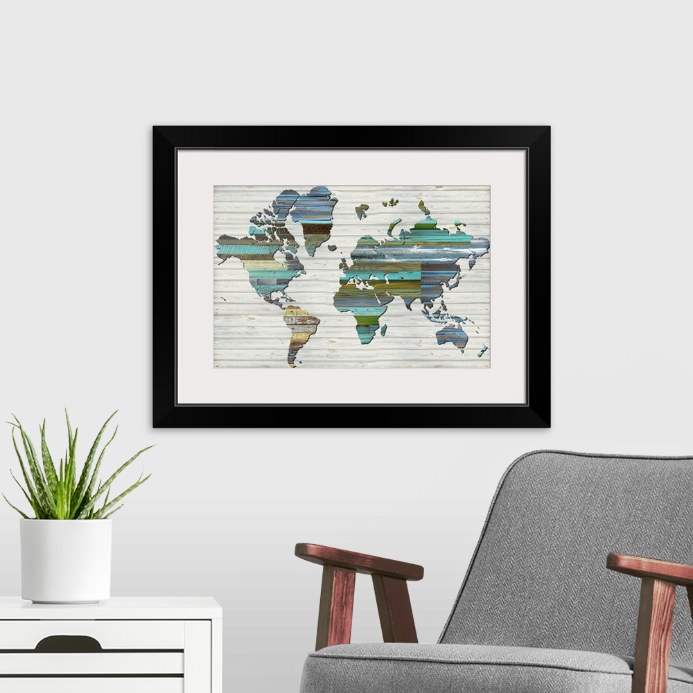 A modern room featuring World Map Wood Panels 2