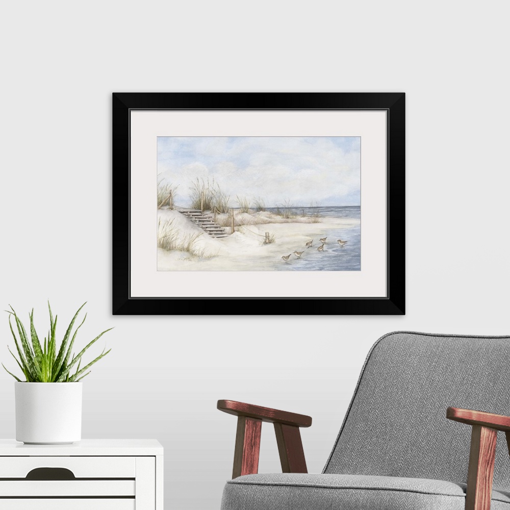 A modern room featuring The serenity and beauty of the ocean is capture in this seashore scene.
