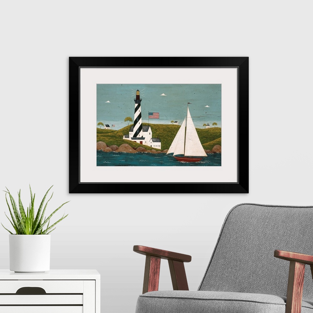 A modern room featuring Folk art of a striped lighthouse on a hilly shore with an American flag, watching over a large wh...